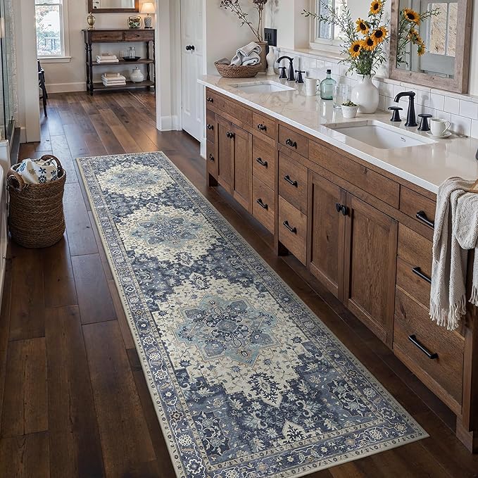 BESBLEE 2'6''x10 Runner Rugs for Hallway, Machine Washable Non Slip Vintage Rugs, Low Pile Lightweight Soft Print Rug for enrtyway, Corridor, Home Office, Kitchen, Center Blue