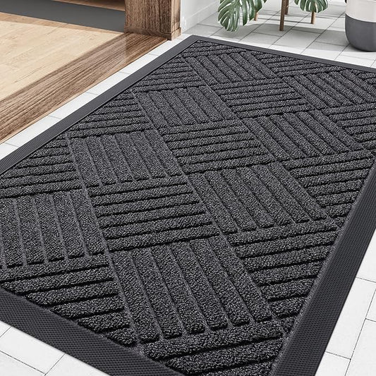 Smiry Front Door Mat Outside Entrance, Heavy Duty Outdoor Indoor Mat, Natural Rubber Doormat, Non Slip, Trap Dirt and Moisture, Easy Clean, Low Profile Patio Porch Entryway Mat, 29.5x17, Black Grey