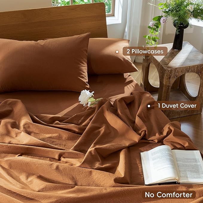 MooMee Bedding Duvet Cover Set 100% Washed Cotton Linen Like Textured Breathable Durable Soft Comfy (Solid Dark Orange, Super King 108"x98")