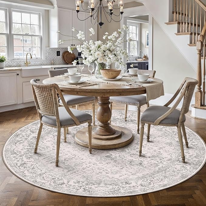 PureCozy Grey Round Area Rug 6ft Entryway Door Mat Small Circle 6x6 Kitchen Vintage Carpet Non Slip Indoor Bedroom Washable Distressed Floral Retro Accent Throw Rug Office Bathroom