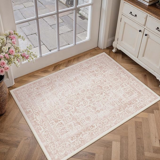 PureCozy Pink Entryway Area Rug 2x3 Door Mat Machine Washable Kitchen Vintage Distressed Non Slip Carpet Indoor Retro Floral Accent Throw Small Rug for Bathroom Office Bedroom Dining Room