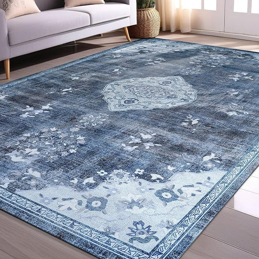 Beverly Rug Non Slip Rugs 8x10 Boho Medallion Floral Non Skid Rubber Backing Easy Silk Soft Area Rug for Living Room Easy to Clean Non Shedding Kitchen Bedroom Indoor Carpet (8 x 10 Blue - Gray)