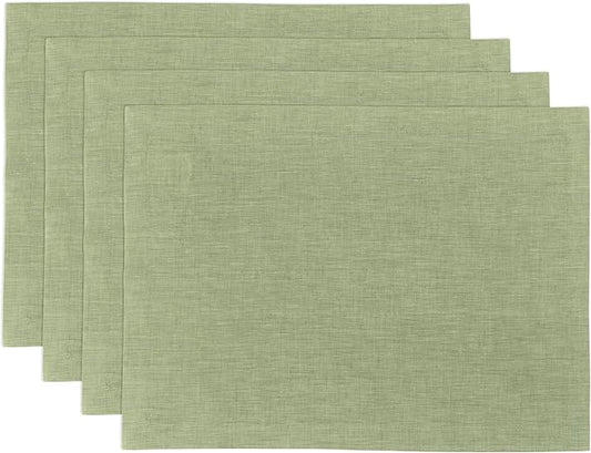 Solino Home Linen Cloth Placemats Set of 4-100% Pure Linen Chambray Olive Placemats 14 x 19 Inch for Spring, St Patricks Day - Athena