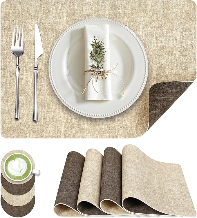 Placemats Set of 4, Faux Leather Heat Resistant Wipeable Placemats, Dual Sided Waterproof Washable Table Mats with Coaster, Suitable for Kitchen, Dining, Table Decor (4, Beige Dark Coffee)
