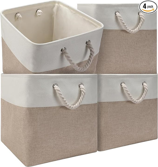 Collapsible Storage Bins, 4 Pack 11 x 11 Inch Foldable Fabric Cube Baskets with Cotton Rope Handles for Organizing Clothes, Toys, Books, Office, Closet (White&Beige-11"x11"x11")