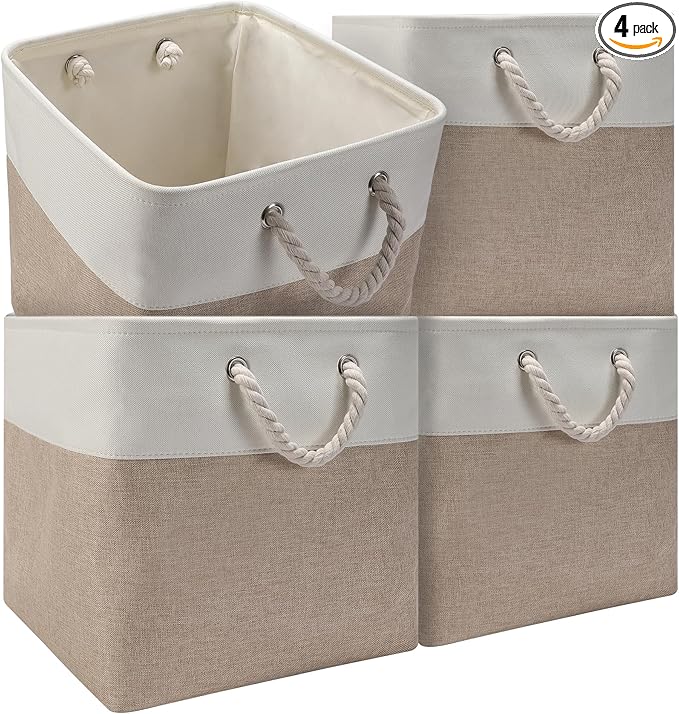 Collapsible Storage Bins, 4 Pack 13 x 13 Inch Fabric Cube Baskets with Cotton Rope Handles for Organizing Clothes, Toys, Books, Office, Closet – Foldable Storage Baskets for Home (White Beige)