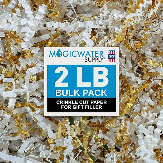 MagicWater Crinkle Cut Paper for Gift Baskets - 2LB - White & Gold - Perfect for Shredded Paper Filler, Basket Filler, Gift Boxes, Bridesmaid Gifts, Christmas Stuffers & More – Ideal for All Occasions