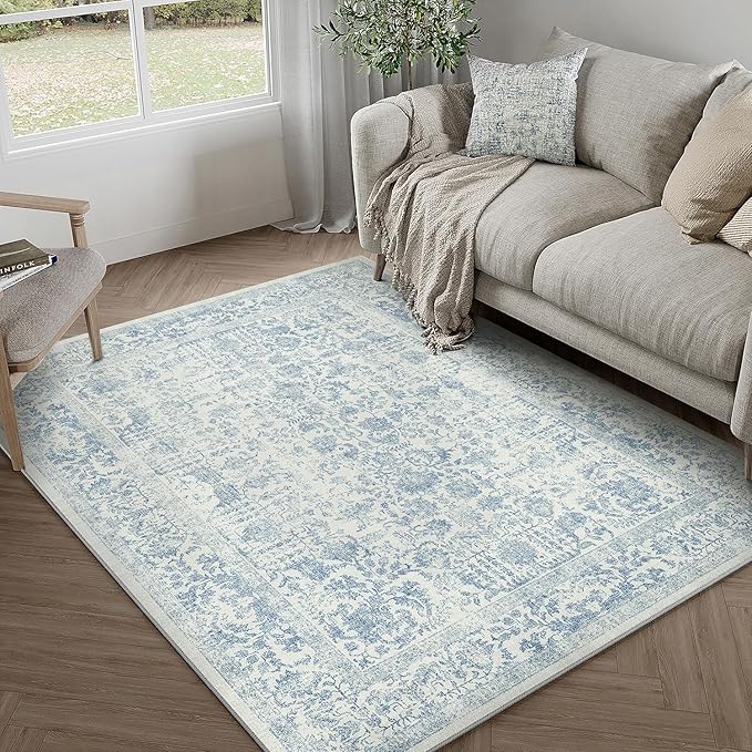 PureCozy Blue Area Rug 4x6 Office Entryway Rug Machine Washable Kitchen Vintage Distressed Non Slip Carpet Indoor Retro Floral Accent Throw Door Mat for Bathroom Bedroom Dining Living Room