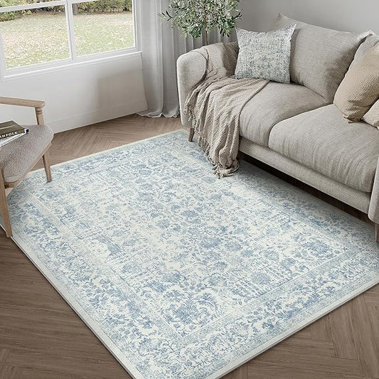 PureCozy Blue Area Rug 4x6 Office Entryway Rug Machine Washable Kitchen Vintage Distressed Non Slip Carpet Indoor Retro Floral Accent Throw Door Mat for Bathroom Bedroom Dining Living Room