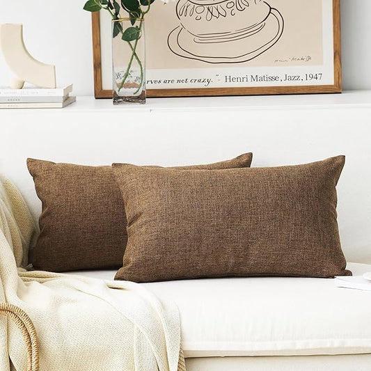 Home Brilliant Brown Pillow Covers Durable Textured Linen Oblong Throw Cushion Covers for Living Room, 12 x 20 inch, 2 Pack