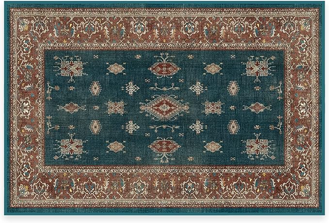 RUGGABLE Washable Vintage Area Rug – Verena Teal Blue 2x3, Stain-Resistant, Non-Slip – Small Machine Washable Rugs for Living Room, Bedroom, Hallway, Entryway & Bathroom–with Standard Pad