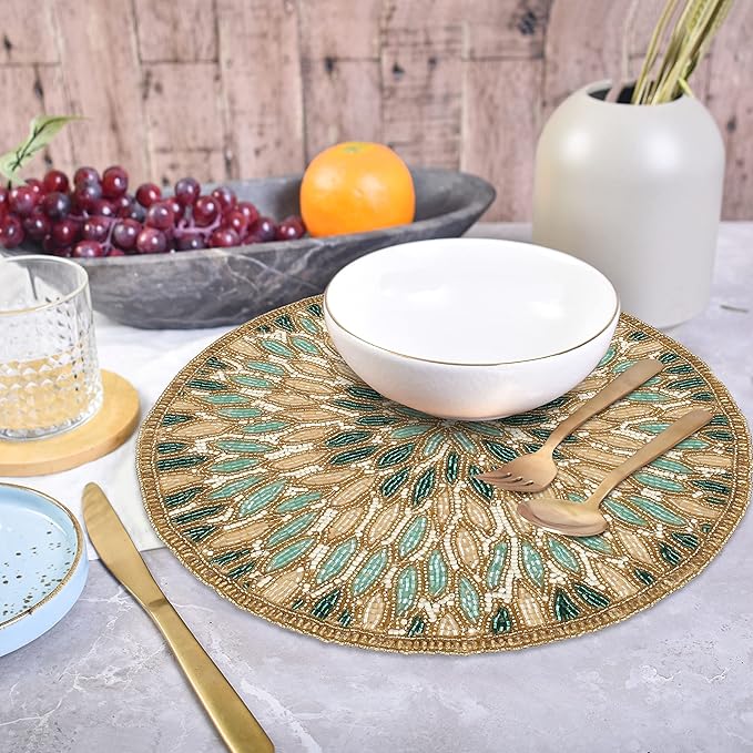 Beaded Placemats – 13'' Round Floral Marigold Design in Gold & Green, Decorative Beaded Charger for Dining Table, Perfect for Holidays & Christmas Bedding Craft