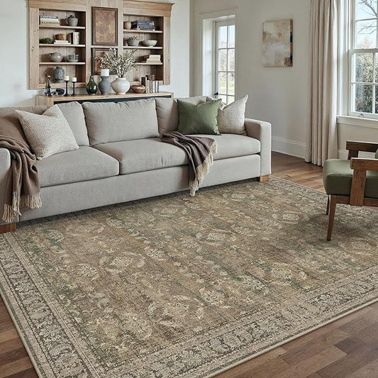 PureCozy 4x6 Brown Area Rug Washable Vintage Distressed Office Carpet Low Pile Entryway Non Slip Indoor Soft Retro Entrance Throw Accent Rug for Kitchen Bathroom Bedroom Dining Living Room