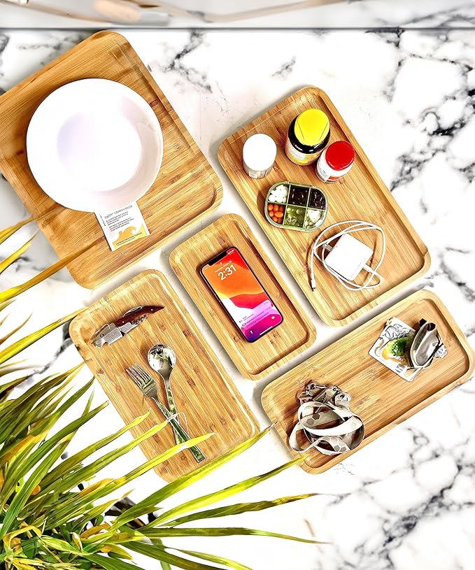 Bam&Boo Bamboo Serving Tray Natural Minimalist Rectangular (14.1” x 9.4" x 0.8") Coffee, Tea, Food, Drinks, Storage, Decor for Home, Kitchen, Bathroom