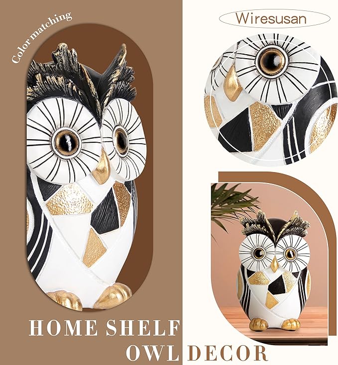 Owl Statue Home Decor Accents, Owl Figurines for Bookshelf Bedroom Living Office Table Indoor, Big Eyes Owls Decoration Animal Sculpture, Modern Resin Bird Figurine Gift for Women