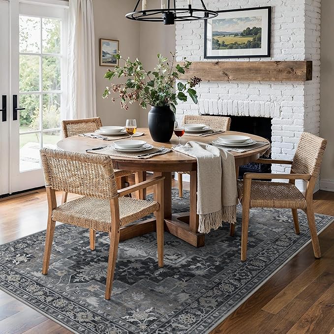 BESBLEE 5x7 Area Rugs for Living Room, Machine Washable Rug, Non Slip Vintage Rugs, Low Pile Lightweight Print Rug for Bedroom, Dining Room, Home Office, Dark Gray