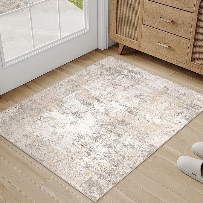 WondRg 2x3 Washable Area Rug Beige Grey Abstract Entryway Kitchen Throw Rug Neutral Modern Non Slip Soft Low Pile Small Carpet for Bathroom Living Room Bedroom