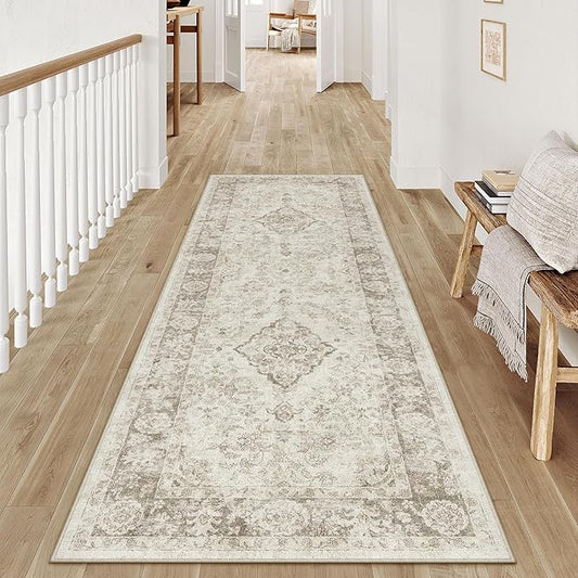 PureCozy 2x6 Runner Rug Beige Washable Hallway Kitchen Carpet Vintage Distressed Small Non Slip Low Pile Thin Bedroom Medallion Accent Throw Rug Laundry Living Room