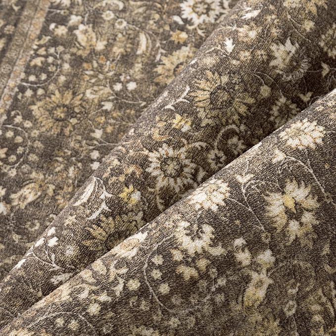 HUGEAR 2x5 Runner Rug Machine Washable Brown Hallway Area Rugs Indoor Accent Rugs Floral Low Pile Carpet Distressed Throw Rug Bedroom Living Room Office Dining Kitchen Laundry Non Slip