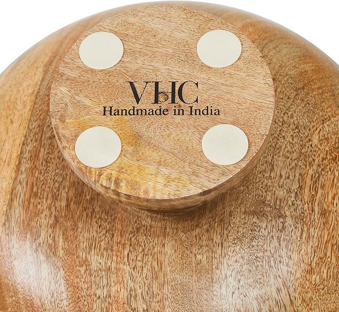 VHC Brands Natural with White Wooden Fruit Bowl 5.5x12x12, Kitchen Decor, Decorative Wooden Pedestal Bowl, Perfect Centerpiece for Table, Island, or Counter