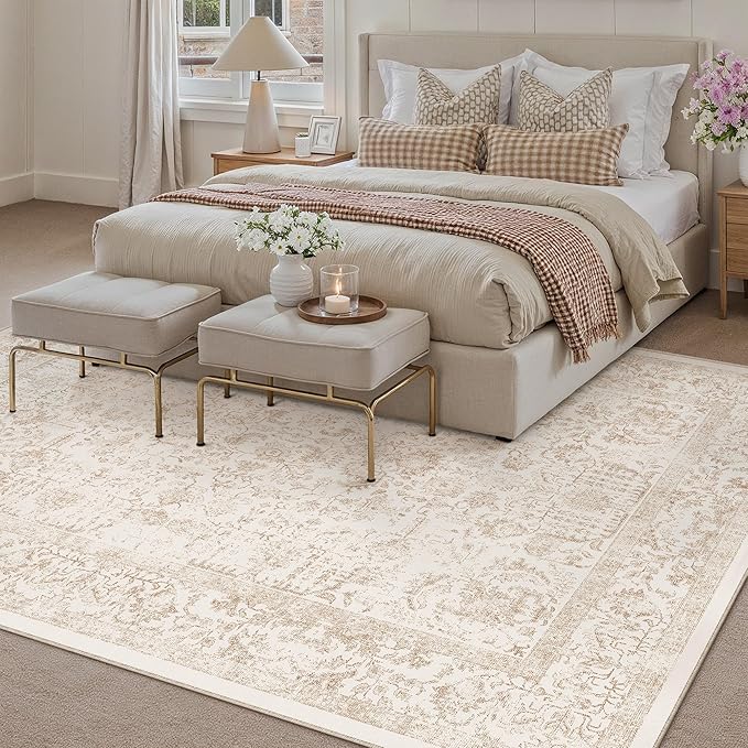 PureCozy Beige Area Rug 5x7 Machine Washable Vintage Living Room Distressed Non Slip Carpet Traditional Indoor Bedroom Retro Floral Accent Throw Large Rug for Office Kitchen Bathroom Dining Room