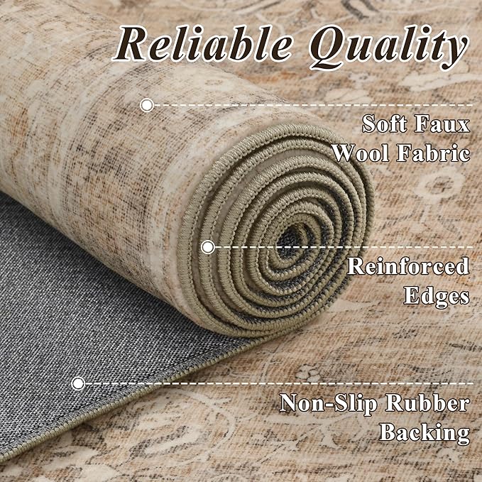 HelloTree Washable Rugs 8x10 Area Rug for Living Room, Vintage Boho Khaki Rug Non Slip Carpet Retro Accent Indoor Mat Print Distressed Low Pile Throw Large Rug for Office Dining Room Bedside-Khaki