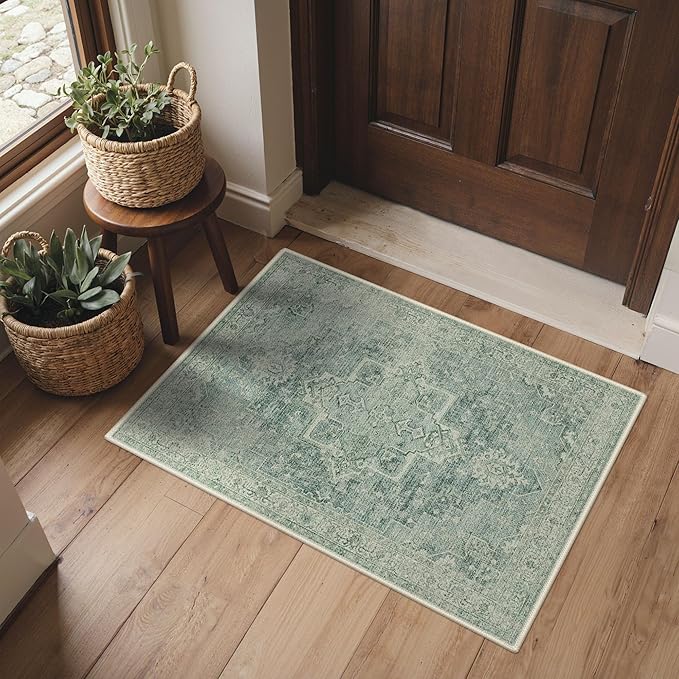 BESBLEE Area Rug 2x3 Doormat, Machine Washable Low Pile Vintage Rugs, Small Lightweight Rug Entryway Indoor Mat for Entrance, Hallway, Kitchen and Corridor, Green