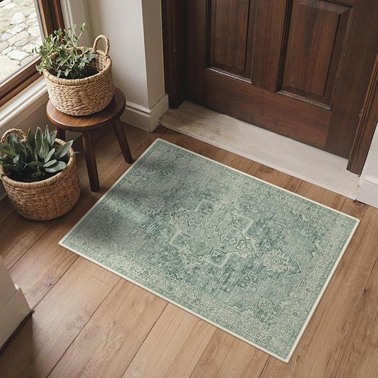BESBLEE Area Rug 2x3 Doormat, Machine Washable Low Pile Vintage Rugs, Small Lightweight Rug Entryway Indoor Mat for Entrance, Hallway, Kitchen and Corridor, Green