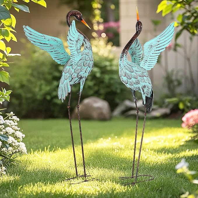 47.5" Extra-Large Blue Heron Decor, Handcrafted Metal Crane Statues with Stable U-Ground Stakes, Backyard Decoration, Metal Garden Bird Animal Yard Art, Lawn Ornament