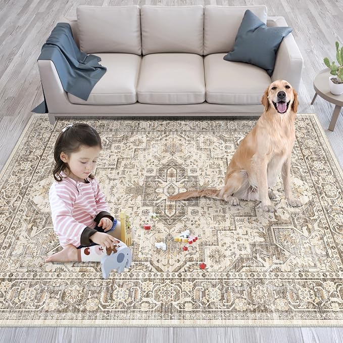 Fortsea Machine Washable Soft Area Rug 8x10 Rugs with Non Slip Backing for Living Room, Bedroom, Bathroom,Printed Vintage Home Decor, Floor Decoration Carpet Mat (Coffee Beige 8x10)…