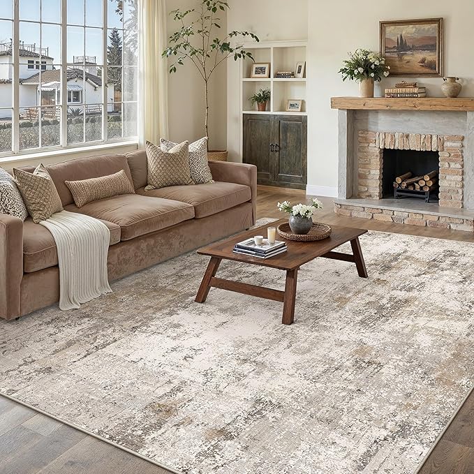 WondRg 6x9 Washable Area Rug Brown Grey Abstract Living Room Bedroom Throw Rug Neutral Modern Non Slip Soft Low Pile Indoor Carpet for Dining Room Office Entryway