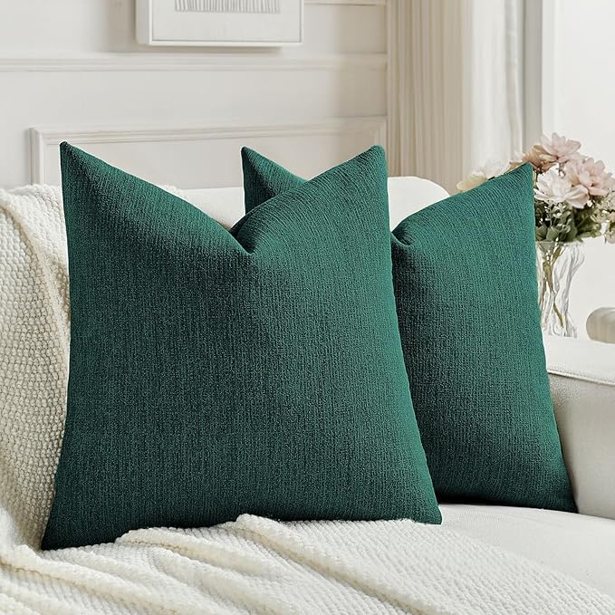 FUTEI Teal Chenille Decorative Throw Pillow Covers 18x18 Inch Set of 2,Soft Cozy Faux Linen Textured Cushion Case,Farmhouse Home Decor for Couch Living Room