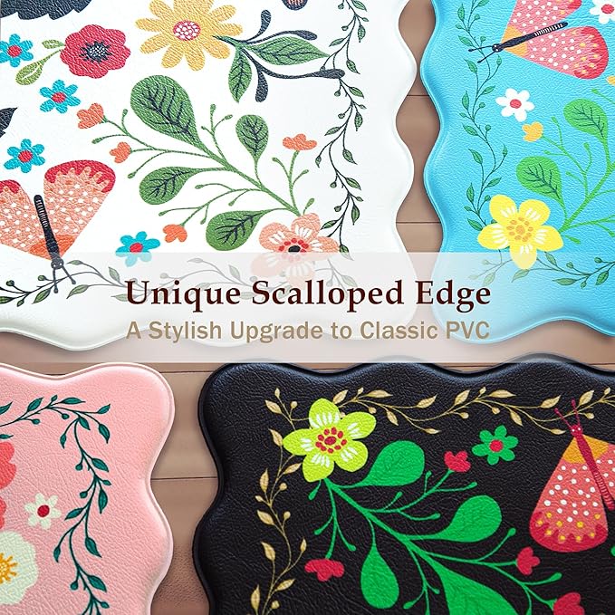 Scalloped Blue Kitchen Mats for Floor 2PC Cushioned Anti Fatigue Kitchen Mats Rugs Waterproof Non Slip Farmhouse Boho Floral Comfort Foam Standing Mat for Sink Laundry