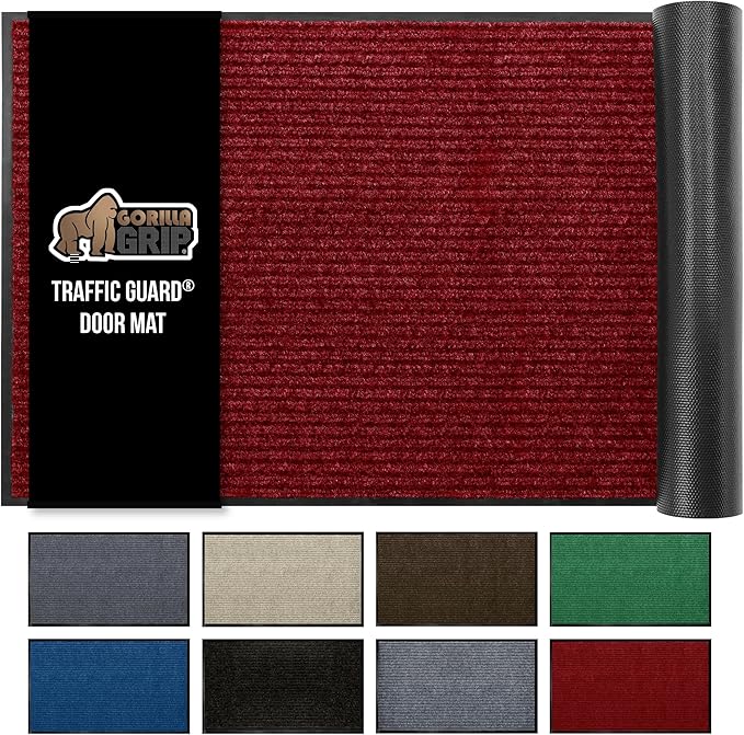 GORILLA GRIP Waterproof Traffic Guard Door Mat, 47x35, Heavy Duty Entryway Mats, Strong Backing Commercial Utility Rugs for Office Hallway, Garage Floor and Home, Low Profile Carpet Runner, Red