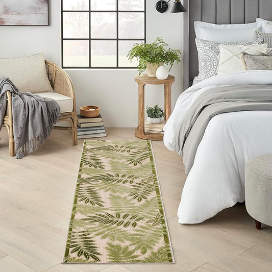 Nourison Home Aloha Ivory Green 2'3" x 8' Area Rug - Easy Clean, Non Shedding, Bed Room, Living Room, Dining Room, Kitchen (8' Runner)
