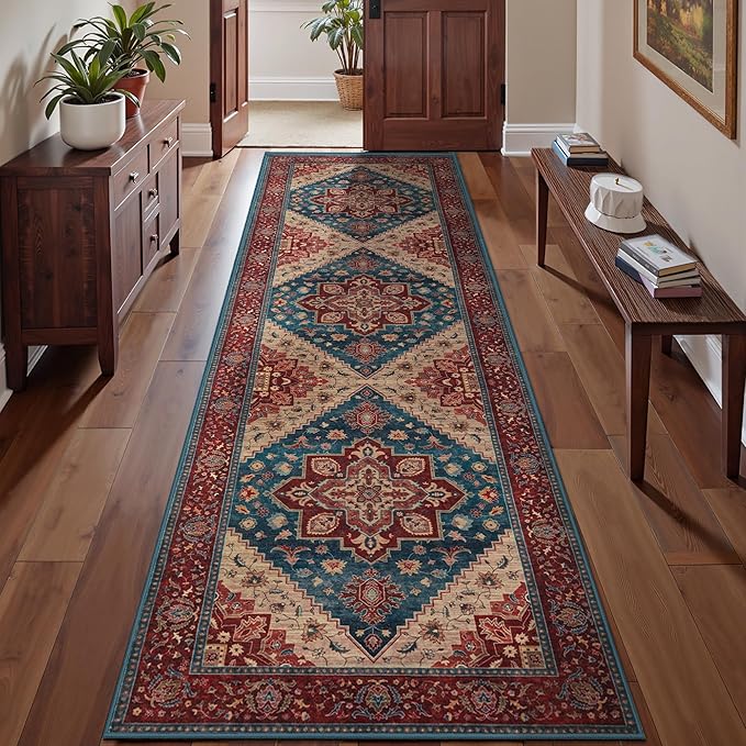 Tangsoo 2.6x8 Washable Runner Rug for Hallways, Non Slip Vintage Runner Rug, Soft Low Pile Long Rug Runner, Print Distressed Carpet Runners for Kitchen Bedroom Entryway Bathroom Living Room Red/Blue