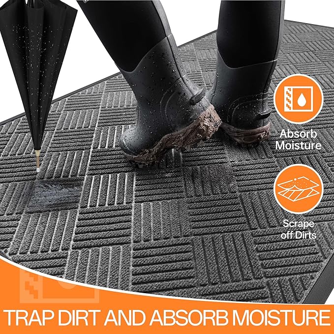 Indoor Outdoor Door Mat, 4’x 2' Doormat for Entryway, Rubber Backing Non Slip Front Door Mat Outside Entrance, Super Absorbent Commercial Floor Mat for Home Office, Gray
