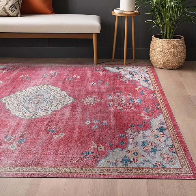 Beverly Rug Non Slip Rugs 6x9 Boho Medallion Floral Non Skid Rubber Backing Easy Silk Soft Area Rug for Living Room Easy to Clean Non Shedding Kitchen Bedroom Indoor Carpet (6 x 9 Fuchsia - Cream)