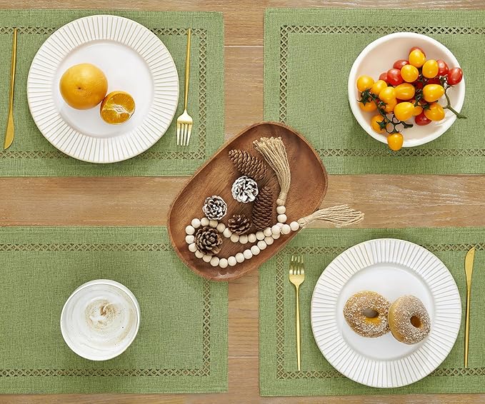 Burlap Placemats Set of 4, 12 x 18 Inch Rustic Geometric Hollow Place Mats, Heat Resistant Placemats for Farmhouse Kitchen Table Decor, Sage Green 4PCS