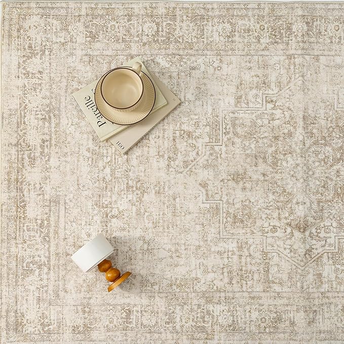 PureCozy 5x7 Area Rug Washable Living Room Bedroom Carpet Vintage Distressed Non Slip Low Pile Thin Cream Beige Dining Room Office Medallion Accent Throw Rug