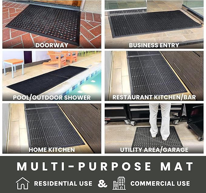Envelor Anti Fatigue Rubber Floor Mat Non-Slip Restaurant Mat for Floors Bar Drainage Mat Doormat Utility Garage Home Slip Pool Entry 36 x 60 Inches