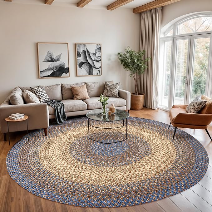 RRI Home Decor EastEnd EL93 Blue Lake 4' x 4' Round - Braided Area Rug, Home Decor, Floor Mat or Bedroom Rug - Easy Care, Ideal for High Traffic Areas in Hallway and Living Room - Made in USA
