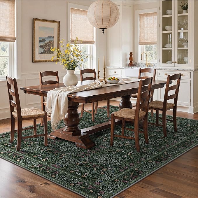 GENIMO 6x9 Area Rug for Living Room, Washable Vintage Floral Low-Pile Non-Slip Large Carpet for Bedroom Dining Room, Stain Resistant Botanical Indoor Rug (Dark Green)