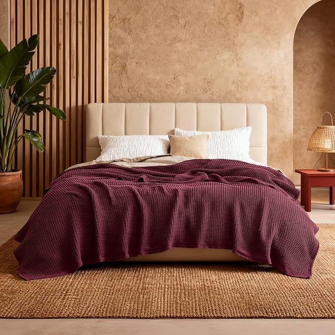 Bedsure Gentlesoft 100% Cotton Blanket Queen Size for Bed - Breathable and Soft for Spring Summer, Thick Cozy Waffle Weave Blanket Gifts for Women, Burgundy, 90x90 Inches