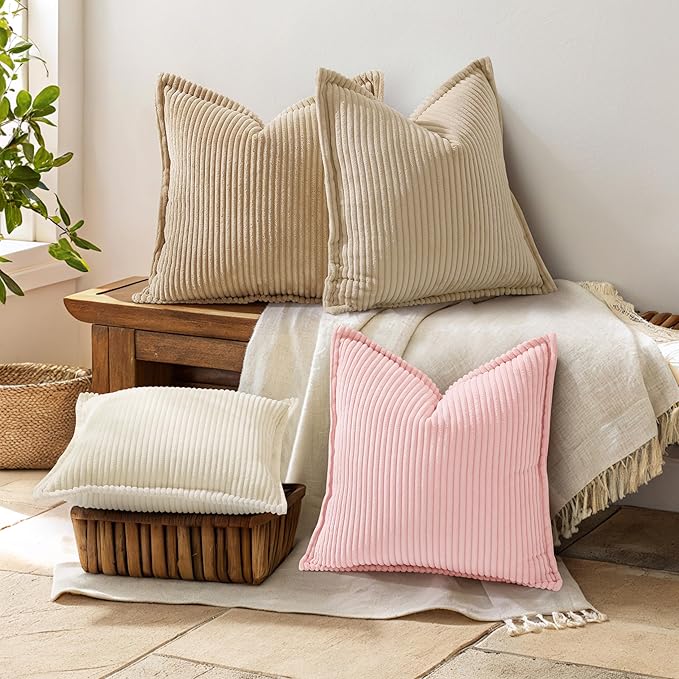 decorUhome Spring Corduroy Beige Throw Pillow Covers 18x18 Set of 2 Decorative Soft Boho Farmhouse Couch Pillow Covers for Living Room Bed Sofa Broadside Striped Pillow Cases