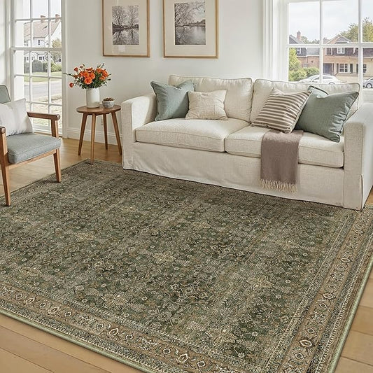 PureCozy Area Rug 5x7 Green Brown Washable Vintage Living Room Carpetb Traditional Distressed Bedroom Indoor Soft Non Slip Large Rug Retro Thin Low Pile Floor Cover for Office Dining Room
