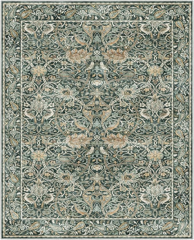 Fortsea Large 8x10 Dark Green Area Rug, Low Pile Washable Non-Slip Carpet, Vintage Design for Spacious Living Room（8x10 Dark Green）