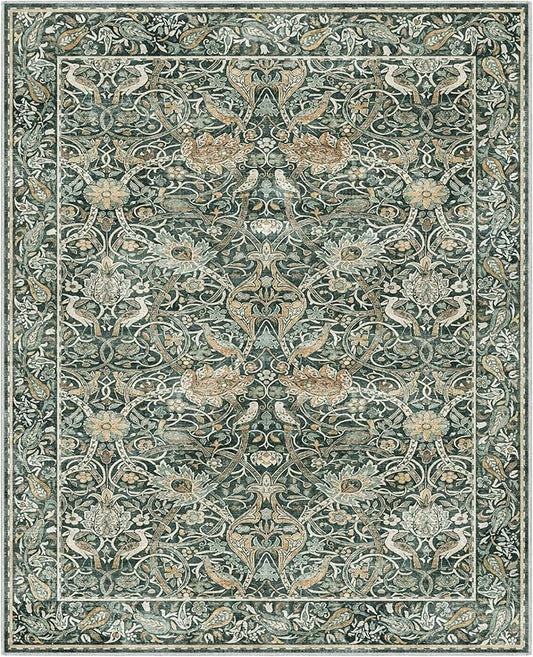 Fortsea Large 8x10 Dark Green Area Rug, Low Pile Washable Non-Slip Carpet, Vintage Design for Spacious Living Room（8x10 Dark Green）
