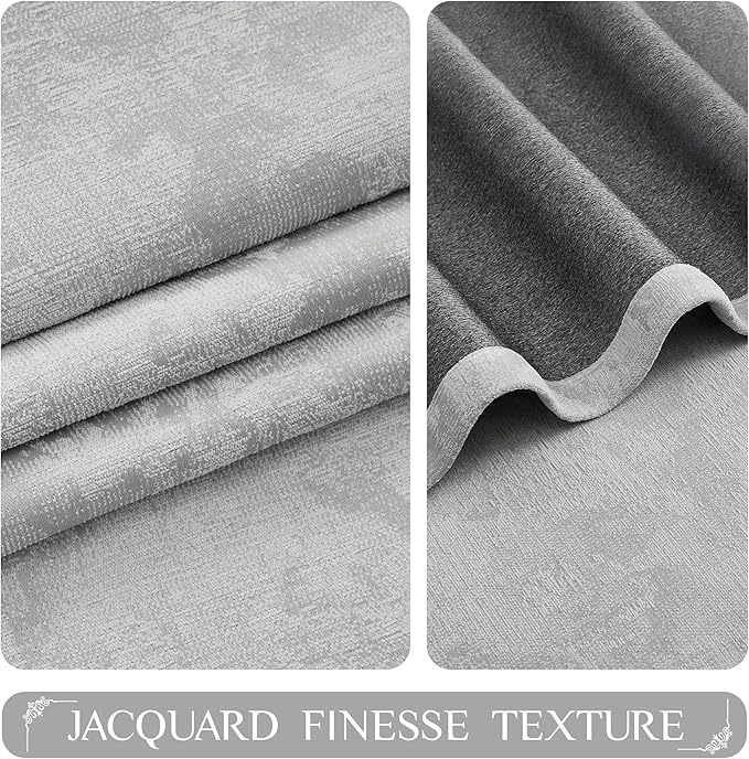 Beauoop Grey Floral Jacquard Blackout Curtains 72 Inches Long 2 Panels for Bedroom Living Room Chenille Flower Room Darkening Thermal Insulated Soundproof Rod Pocket Back Tab Window Drapes 52x72