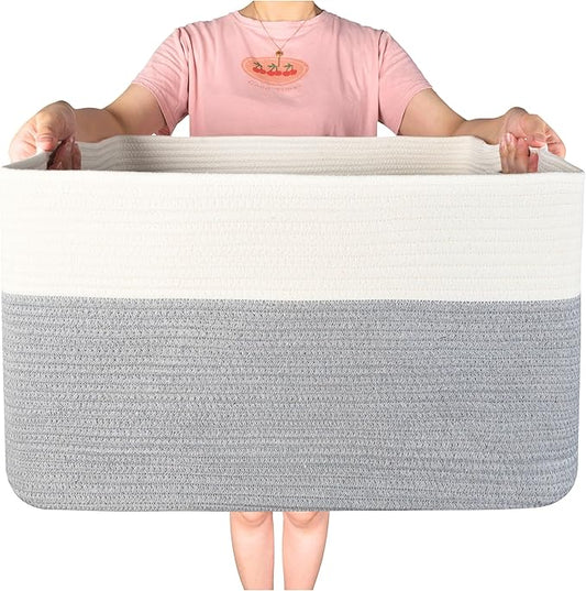 MINTWOOD Design 22in Extra Large Blanket Basket Holder Living Room, Rectangle Rope Woven Storage Basket with Handles for Laundry, Pool Towels, and Shoes, Dog Toy Organizer Bin Box, Gray